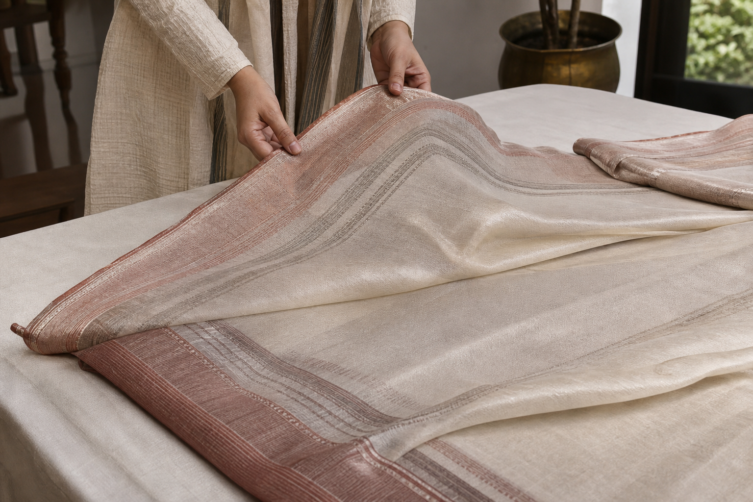 Hands opening textile for a private walkthrough
