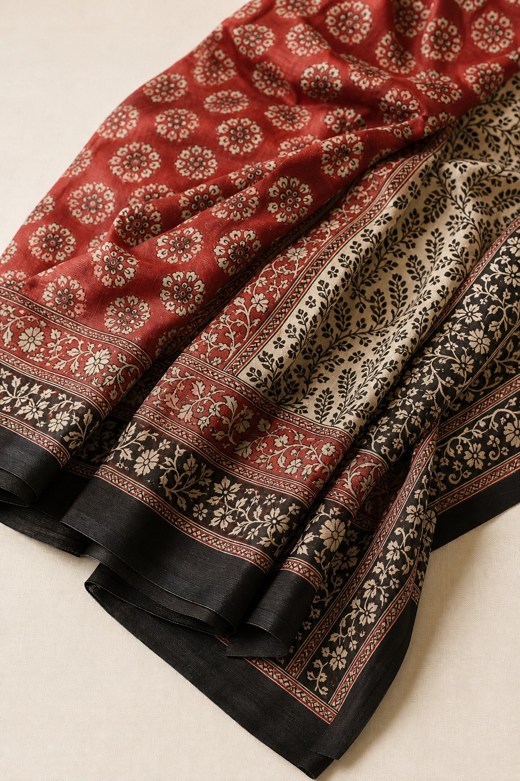 Bagh hand block printed cotton suit material in madder red and iron black