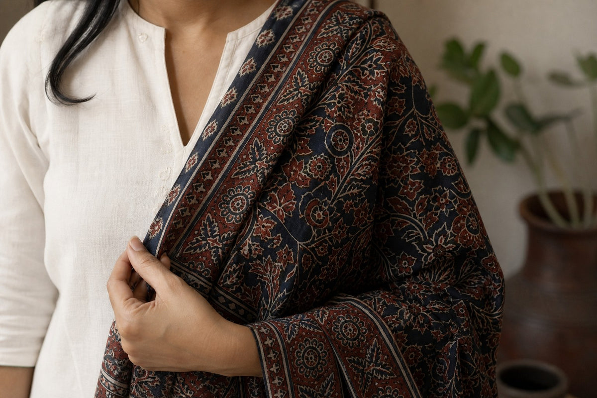 Ajrakh block printed indigo cotton dupatta with hand knotted fringe