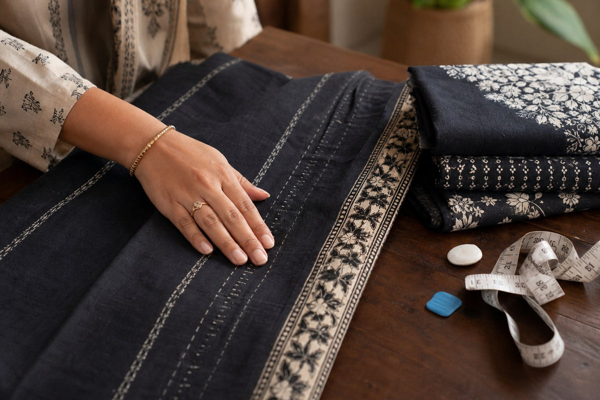 Undyed kala cotton handloom fabric detail showing hand spun slub