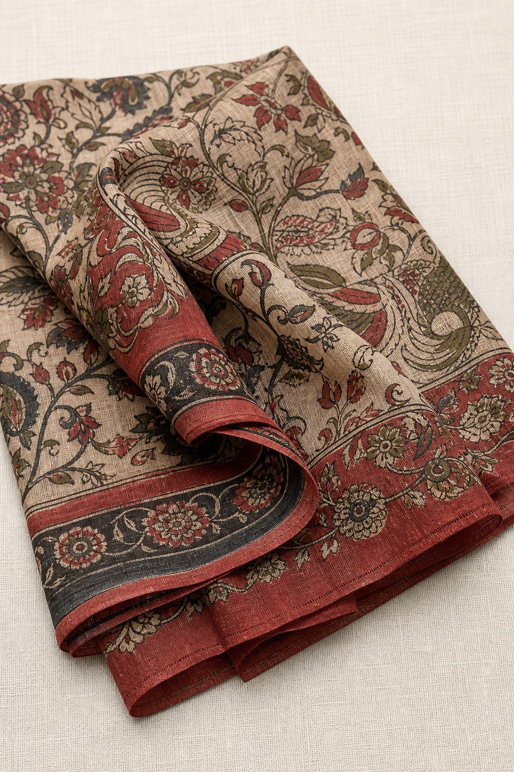 Hand painted Kalamkari saree on Mangalgiri silk cotton with narrative motifs