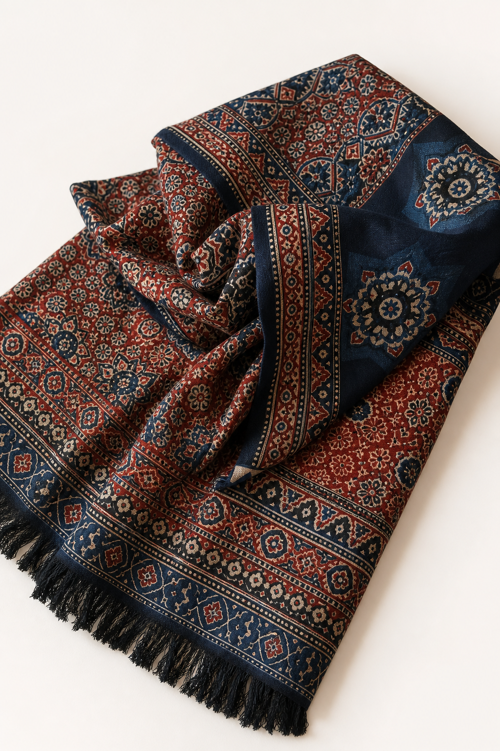 Ajrakh indigo hand block printed cotton textile
