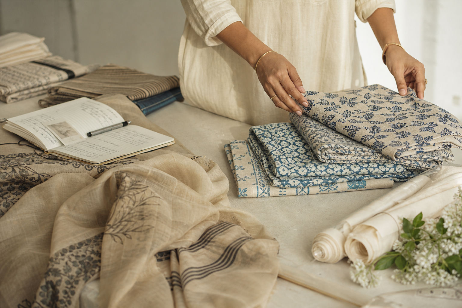 Handwoven and hand block printed Indian textiles laid out on a curation table