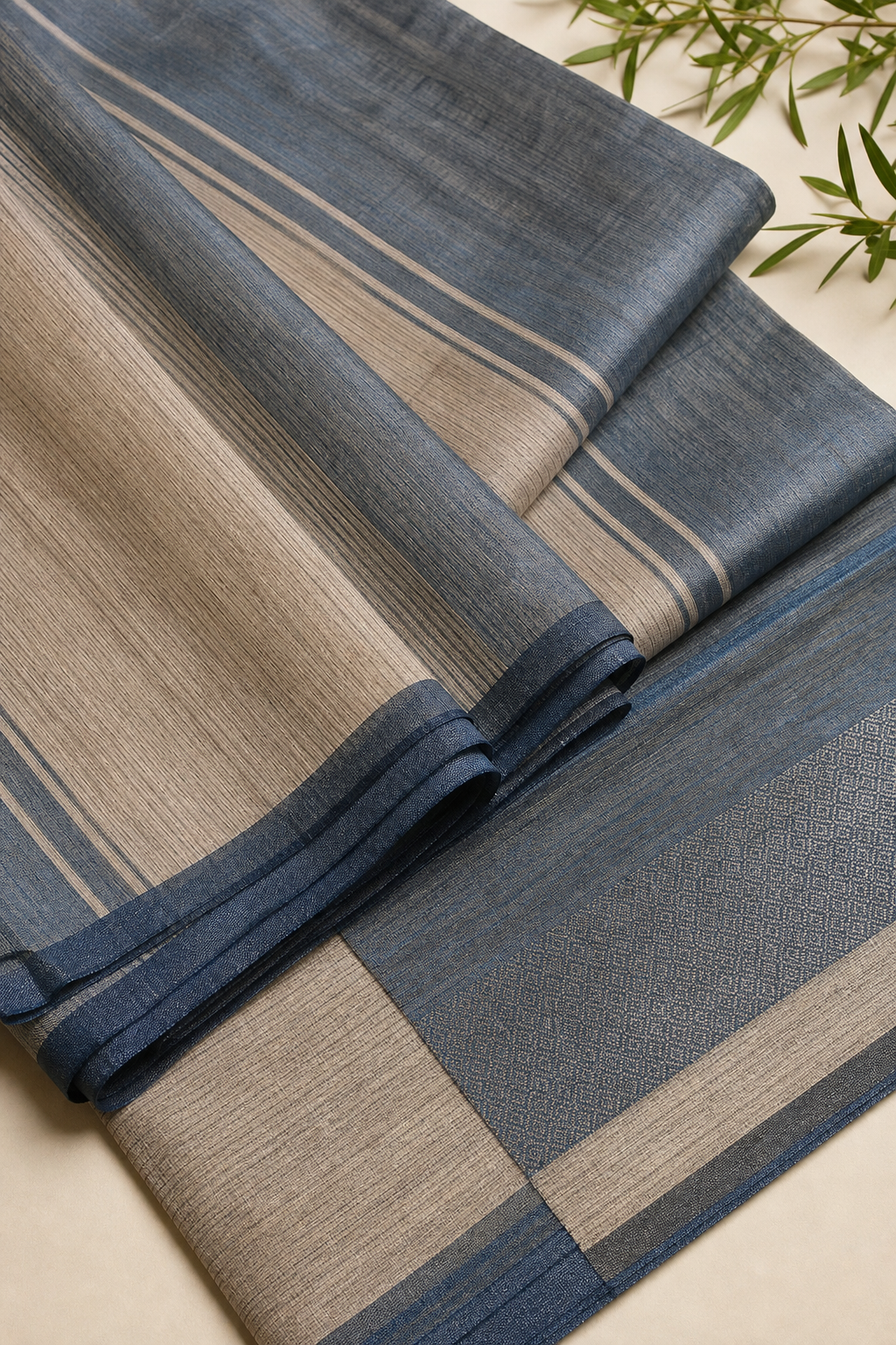 Maheshwari cotton silk saree with a slate blue and beige zari border